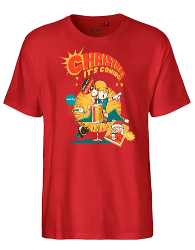 Weihnachten – Es kommt - bissige Weihnachten, Anti-Jubel, Weihnachten, düstere Feiertage, schwarzer Humor, Elf in Alarmbereitschaft, festlicher Zusammenbruch, lustige Weihnachten, Feiertags-Burnout, Weihnachtsmann-Panik - Fairtrade T-Shirt