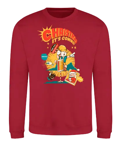 Weihnachten – Es kommt - bissige Weihnachten, Anti-Jubel, Weihnachten, düstere Feiertage, schwarzer Humor, Elf in Alarmbereitschaft, festlicher Zusammenbruch, lustige Weihnachten, Feiertags-Burnout, Weihnachtsmann-Panik - Sweatshirt