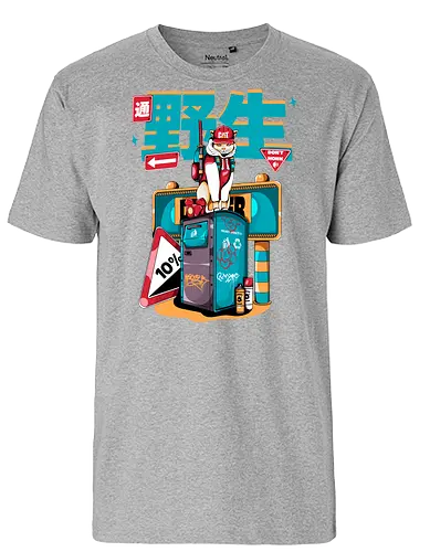 Stadtkatze - Straßenkatze, Bladecore, Cybercuteness, dystopische Neko, Graffiti-Katze, Kawaii-Kämpfer, Neo-Tokio-Neko, Samurai-Katze, Straßenkatzen, Stadtkatze - Fairtrade T-Shirt