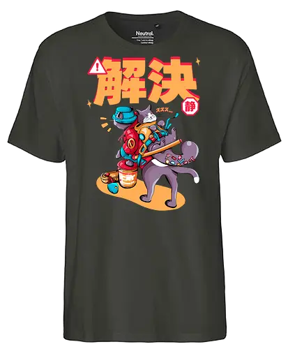 Streunerkatzen - Straßenkatze, Straßenkatzen, Cyberpunk-Katze, Kanji, Kawaii-Dystopie, Neo-Tokio-Katze, Ramen, sanftes Chaos, streunende Katzen, Stadtkatze - Fairtrade T-Shirt