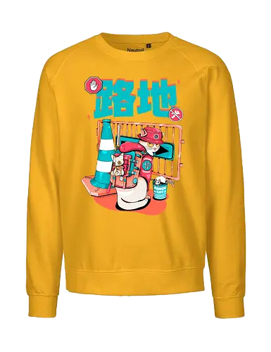 Cyberpunk-Straßenkatze beim Ramen-Essen - Alley Neko, Blade Punk, Cyberpunk-Straßenkatze, Spaß, Katzenkatana, Kawaii-Chaos, weiße Kätzchenkatze, Ramen Core, Straßenkatze, Stadtkatze - Fairtrade Sweatshirt