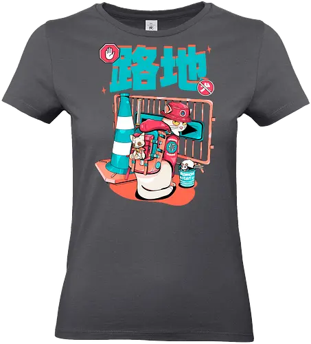 Cyberpunk-Straßenkatze beim Ramen-Essen - Alley Neko, Blade Punk, Cyberpunk-Straßenkatze, Spaß, Katzenkatana, Kawaii-Chaos, weiße Kätzchenkatze, Ramen Core, Straßenkatze, Stadtkatze - Standard T-Shirt (Frauen)