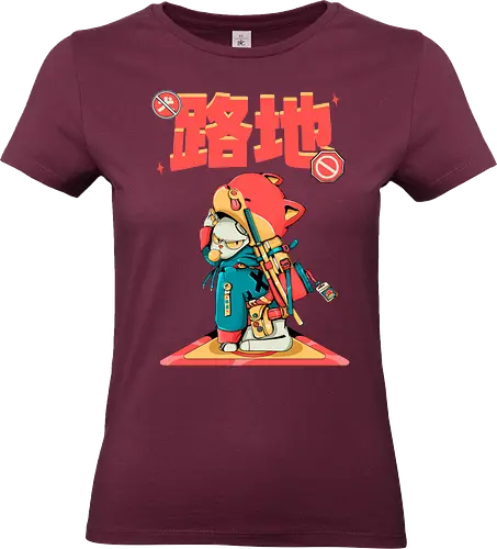 Katana-Katze in Verkleidung - Blade Cat, Cyberkawaii, Cyberpunk-Katze, Katzensamurai, Glitchcore-Kätzchen, Katana-Katze, streunende Katze, Straßenkatze, Urban Bladecore, Stadtkatze - Standard T-Shirt (Frauen)