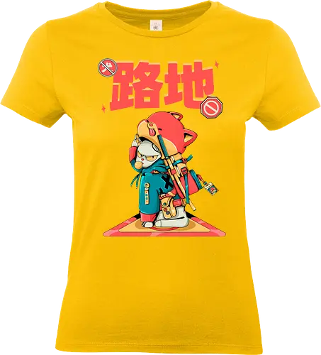 Katana-Katze in Verkleidung - Blade Cat, Cyberkawaii, Cyberpunk-Katze, Katzensamurai, Glitchcore-Kätzchen, Katana-Katze, streunende Katze, Straßenkatze, Urban Bladecore, Stadtkatze - Standard T-Shirt (Frauen)