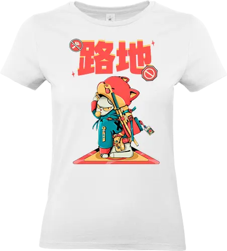 Katana-Katze in Verkleidung - Blade Cat, Cyberkawaii, Cyberpunk-Katze, Katzensamurai, Glitchcore-Kätzchen, Katana-Katze, streunende Katze, Straßenkatze, Urban Bladecore, Stadtkatze - Standard T-Shirt (Frauen)