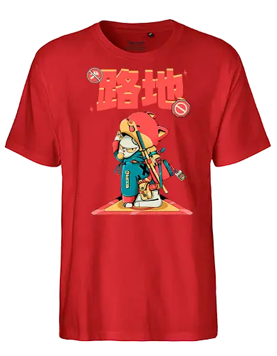 Katana-Katze in Verkleidung - Blade Cat, Cyberkawaii, Cyberpunk-Katze, Katzensamurai, Glitchcore-Kätzchen, Katana-Katze, streunende Katze, Straßenkatze, Urban Bladecore, Stadtkatze - Fairtrade T-Shirt