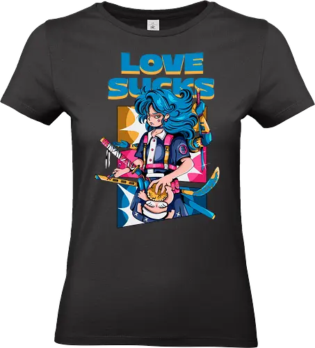 Love Sucks – Cyberpunk Anti-Valentine - Anti-Valentinstag, verknallt, süß und tödlich, Cybergirl, Cyberpunk-Valentinstag, Kawaii-Liebe, Robotermädchen, Valentinstags-Terror - Standard T-Shirt (Frauen)