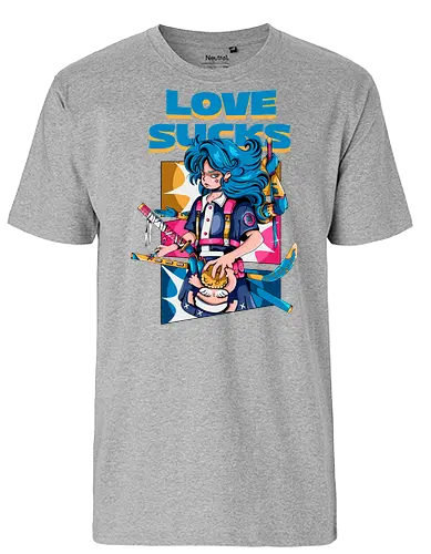 Love Sucks – Cyberpunk Anti-Valentine - Anti-Valentinstag, verknallt, süß und tödlich, Cybergirl, Cyberpunk-Valentinstag, Kawaii-Liebe, Robotermädchen, Valentinstags-Terror - Fairtrade T-Shirt
