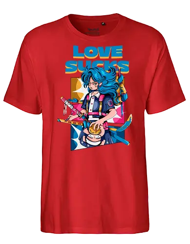 Love Sucks – Cyberpunk Anti-Valentine - Anti-Valentinstag, verknallt, süß und tödlich, Cybergirl, Cyberpunk-Valentinstag, Kawaii-Liebe, Robotermädchen, Valentinstags-Terror - Fairtrade T-Shirt