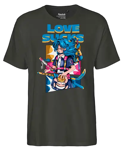 Love Sucks – Cyberpunk Anti-Valentine - Anti-Valentinstag, verknallt, süß und tödlich, Cybergirl, Cyberpunk-Valentinstag, Kawaii-Liebe, Robotermädchen, Valentinstags-Terror - Fairtrade T-Shirt