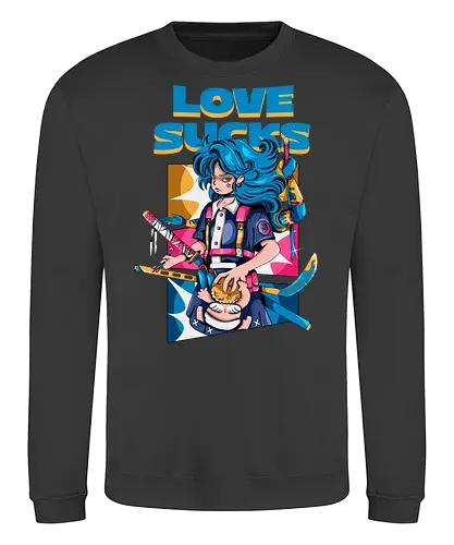 Love Sucks – Cyberpunk Anti-Valentine - Anti-Valentinstag, verknallt, süß und tödlich, Cybergirl, Cyberpunk-Valentinstag, Kawaii-Liebe, Robotermädchen, Valentinstags-Terror - Sweatshirt
