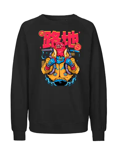 Wütendes rotes Schwein mit Katana - Tierrebellion, Anime-Tier, Anthro-Samurai, Cyberpunk-Schwein, kantiges Kawaii, Glitchcore-Tier, Katana-Schwein, rotes Schwein, Samurai-Schwein, Urban Core - Fairtrade Sweatshirt