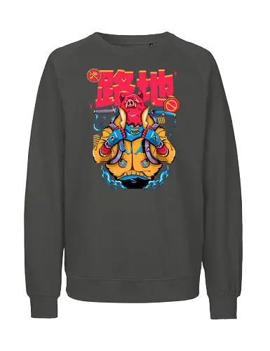 Wütendes rotes Schwein mit Katana - Tierrebellion, Anime-Tier, Anthro-Samurai, Cyberpunk-Schwein, kantiges Kawaii, Glitchcore-Tier, Katana-Schwein, rotes Schwein, Samurai-Schwein, Urban Core - Fairtrade Sweatshirt