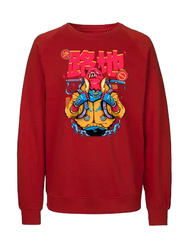 Wütendes rotes Schwein mit Katana - Tierrebellion, Anime-Tier, Anthro-Samurai, Cyberpunk-Schwein, kantiges Kawaii, Glitchcore-Tier, Katana-Schwein, rotes Schwein, Samurai-Schwein, Urban Core - Fairtrade Sweatshirt
