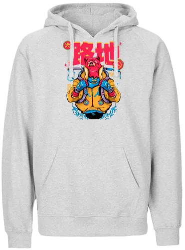Wütendes rotes Schwein mit Katana - Tierrebellion, Anime-Tier, Anthro-Samurai, Cyberpunk-Schwein, kantiges Kawaii, Glitchcore-Tier, Katana-Schwein, rotes Schwein, Samurai-Schwein, Urban Core - Fairtrade Hoodie