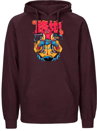 Wütendes rotes Schwein mit Katana - Tierrebellion, Anime-Tier, Anthro-Samurai, Cyberpunk-Schwein, kantiges Kawaii, Glitchcore-Tier, Katana-Schwein, rotes Schwein, Samurai-Schwein, Urban Core - Fairtrade Hoodie