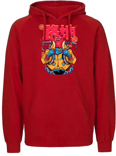 Wütendes rotes Schwein mit Katana - Tierrebellion, Anime-Tier, Anthro-Samurai, Cyberpunk-Schwein, kantiges Kawaii, Glitchcore-Tier, Katana-Schwein, rotes Schwein, Samurai-Schwein, Urban Core - Fairtrade Hoodie