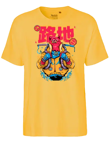 Wütendes rotes Schwein mit Katana - Tierrebellion, Anime-Tier, Anthro-Samurai, Cyberpunk-Schwein, kantiges Kawaii, Glitchcore-Tier, Katana-Schwein, rotes Schwein, Samurai-Schwein, Urban Core - Fairtrade T-Shirt