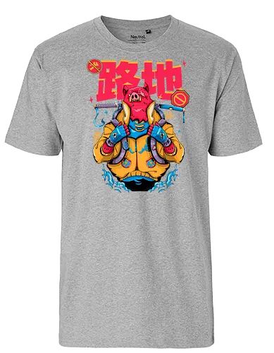 Wütendes rotes Schwein mit Katana - Tierrebellion, Anime-Tier, Anthro-Samurai, Cyberpunk-Schwein, kantiges Kawaii, Glitchcore-Tier, Katana-Schwein, rotes Schwein, Samurai-Schwein, Urban Core - Fairtrade T-Shirt
