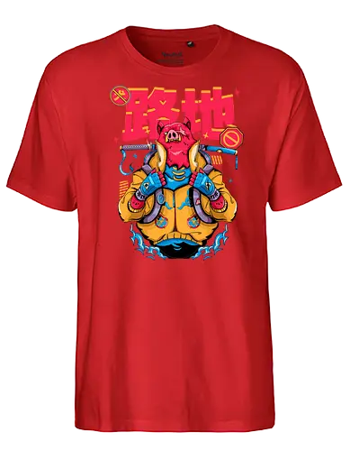 Wütendes rotes Schwein mit Katana - Tierrebellion, Anime-Tier, Anthro-Samurai, Cyberpunk-Schwein, kantiges Kawaii, Glitchcore-Tier, Katana-Schwein, rotes Schwein, Samurai-Schwein, Urban Core - Fairtrade T-Shirt