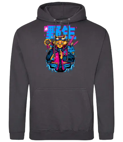 Samurai-Cyberpunk-Katze - ästhetische Katze, Anime-Samurai-Katze, Cyberpunk-Katze, dunkles Kawaii, Kawaii-Krieger, Neon City Blues, urbaner Samurai, Katze, Cyber ​​Neko, Yokai-Maske - Standard Hoodie