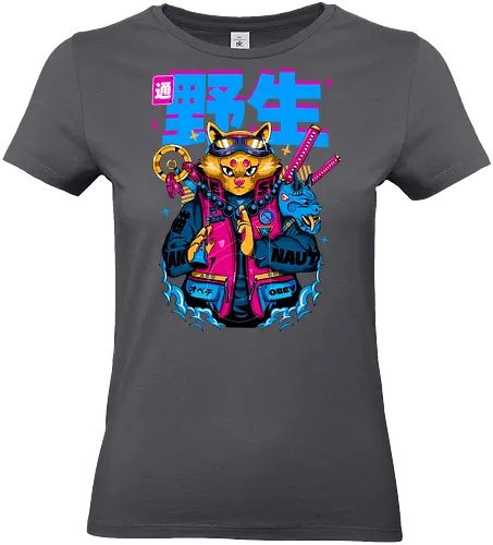 Samurai-Cyberpunk-Katze - ästhetische Katze, Anime-Samurai-Katze, Cyberpunk-Katze, dunkles Kawaii, Kawaii-Krieger, Neon City Blues, urbaner Samurai, Katze, Cyber ​​Neko, Yokai-Maske - Standard T-Shirt (Frauen)