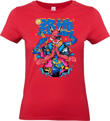 Tokyo-Straßenfuchs – Cyberpunk-Samurai - ästhetische Katze, Yokai-Maske, Anime-Samurai-Katze, Katze, Cyber ​​Neko, Cyberpunk-Katze, dunkles Kawaii, Kawaii-Krieger, Neon City Blues, urbaner Samurai - Standard T-Shirt (Frauen)