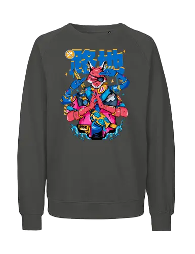 Tokyo-Straßenfuchs – Cyberpunk-Samurai - ästhetische Katze, Yokai-Maske, Anime-Samurai-Katze, Katze, Cyber ​​Neko, Cyberpunk-Katze, dunkles Kawaii, Kawaii-Krieger, Neon City Blues, urbaner Samurai - Fairtrade Sweatshirt