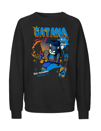 Catana - Katze, Katze mit Schwert, Catana, Dämonentöter, Katzenkrieger, Hölle, Hellcat-Stil, höllischer Kampf, Katana-Katze, Kawaii-Rache, Samurai, Samurai-Katze - Fairtrade Sweatshirt