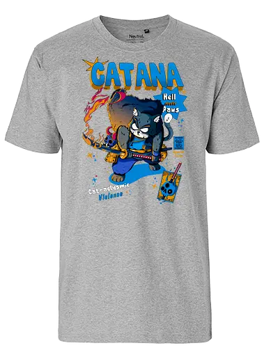 Catana - Katze, Katze mit Schwert, Catana, Dämonentöter, Katzenkrieger, Hölle, Hellcat-Stil, höllischer Kampf, Katana-Katze, Kawaii-Rache, Samurai, Samurai-Katze - Fairtrade T-Shirt