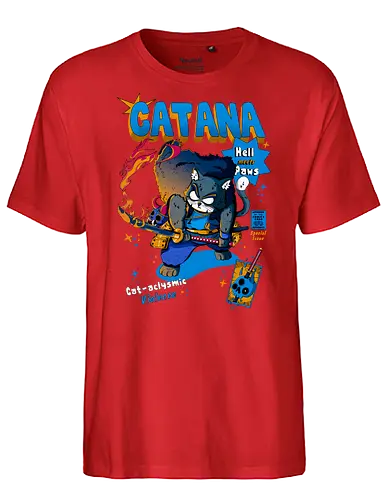 Catana - Katze, Katze mit Schwert, Catana, Dämonentöter, Katzenkrieger, Hölle, Hellcat-Stil, höllischer Kampf, Katana-Katze, Kawaii-Rache, Samurai, Samurai-Katze - Fairtrade T-Shirt