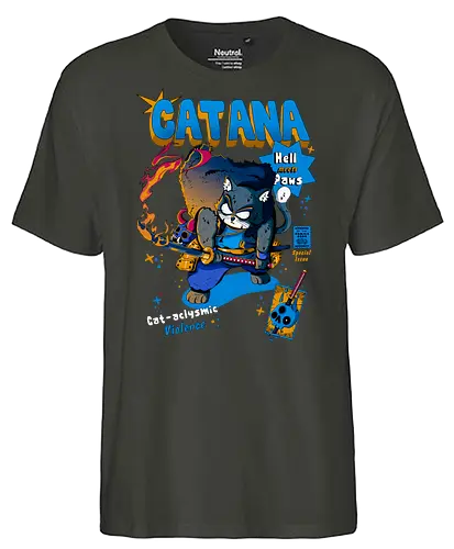 Catana - Katze, Katze mit Schwert, Catana, Dämonentöter, Katzenkrieger, Hölle, Hellcat-Stil, höllischer Kampf, Katana-Katze, Kawaii-Rache, Samurai, Samurai-Katze - Fairtrade T-Shirt