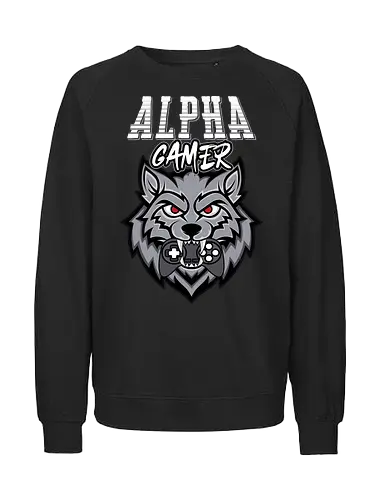 Alpha Gamer - wolf, gaming, alpha, gamer, controller, red eyes, typography, logo, design, fierce - Fairtrade Sweatshirt