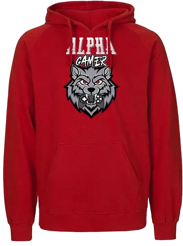 Alpha Gamer - wolf, gaming, alpha, gamer, controller, red eyes, typography, logo, design, fierce - Fairtrade Hoodie