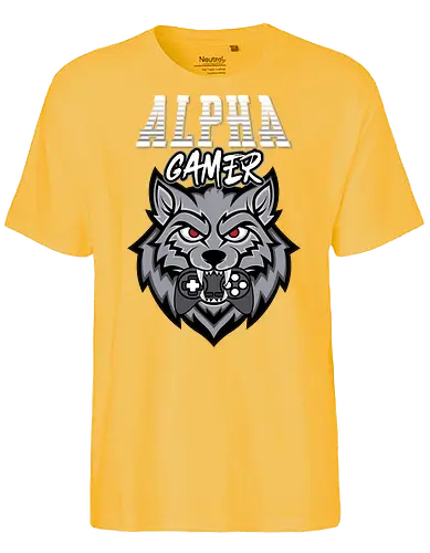 Alpha Gamer - wolf, gaming, alpha, gamer, controller, red eyes, typography, logo, design, fierce - Fairtrade T-Shirt