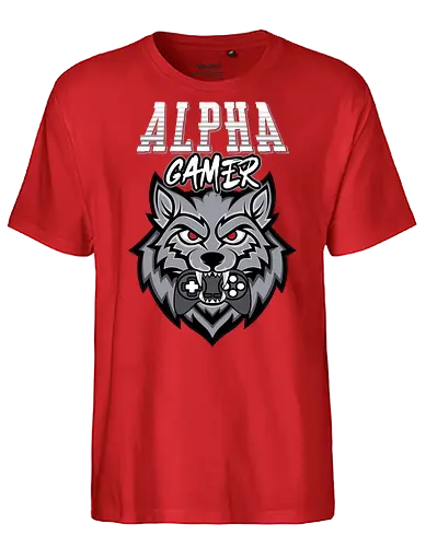 Alpha Gamer - wolf, gaming, alpha, gamer, controller, red eyes, typography, logo, design, fierce - Fairtrade T-Shirt