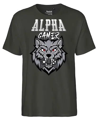 Alpha Gamer - wolf, gaming, alpha, gamer, controller, red eyes, typography, logo, design, fierce - Fairtrade T-Shirt