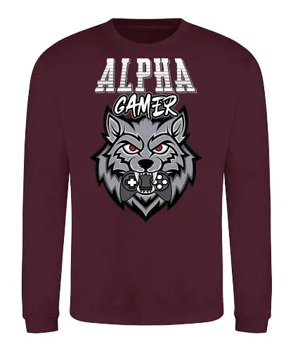 Alpha Gamer - wolf, gaming, alpha, gamer, controller, red eyes, typography, logo, design, fierce - Sweatshirt