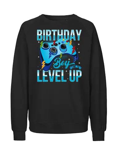 Birthday Boy, Time to Level Up - birthday, gaming, controller, celebration, level up, boy, lightning, colorful, playful - Fairtrade Sweatshirt