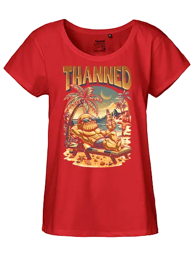 Thanned - vacation, sunshine, summertime, surfing, summer vibes, ice cream, sunset, sun, comic, funny, chibi, humor, parody, beach, superhero, infinity stones, Superhero, Antihero, Comic, tropical, cartoon, retro, vintage, Thanos, avenger - Fairtrade Girl Shirt