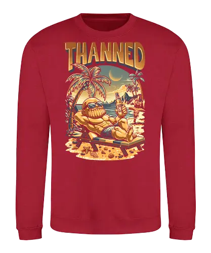 Thanned - vacation, sunshine, summertime, surfing, summer vibes, ice cream, sunset, sun, comic, funny, chibi, humor, parody, beach, superhero, infinity stones, Superhero, Antihero, Comic, tropical, cartoon, retro, vintage, Thanos, avenger - Sweatshirt