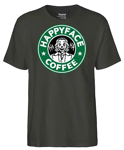 Happy Face Coffee - happy, coffee, parody, joker, villain, comic - Fairtrade T-Shirt