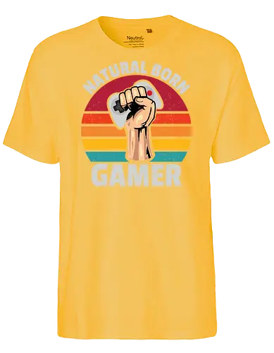 Natural Born Gamer - gaming, controller, stripes, fist, graphic, design, typography, retro, gamer, colorful - Fairtrade T-Shirt