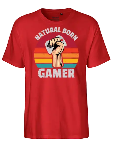 Natural Born Gamer - gaming, controller, stripes, fist, graphic, design, typography, retro, gamer, colorful - Fairtrade T-Shirt