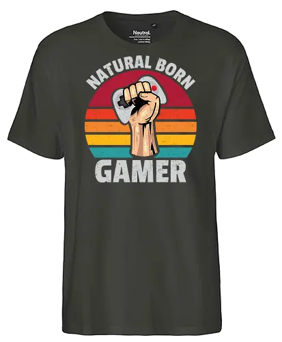 Natural Born Gamer - gaming, controller, stripes, fist, graphic, design, typography, retro, gamer, colorful - Fairtrade T-Shirt