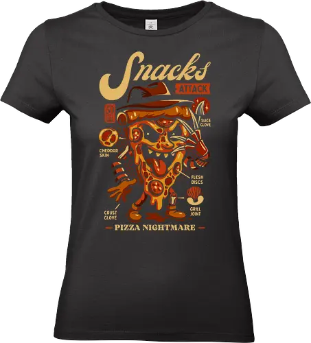 Snacks Attack - Pizza Nightmare - Pizzaliebhaber, Pizzastück, Slasher, Snacks, 80er-Jahre-Filme, Ästhetik, Comic, Cool, Essen, Lustig, Lustiges Snack-Geschenk, Lustiges T-Shirt, Horror, Horrorfilme, Illustration, Monster, Filme, Albtraum, Pizza, Röntgen, lm2kone, Freddy - Standard T-Shirt (Frauen)