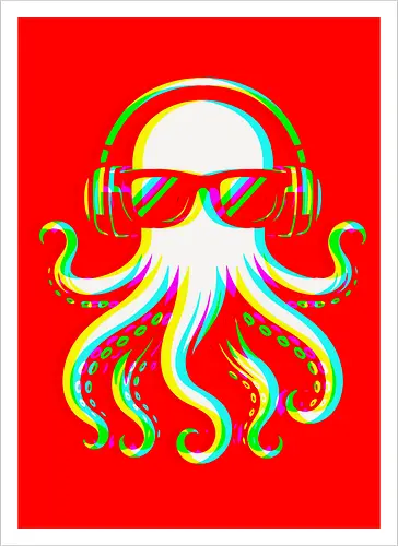 Disco Octopus Musik RGB - Ästhetik, Cool, Cooler Sommer, Disco, Lustig, Lustiges T-Shirt, Illustration, Musik, Oktopus, RGB, RGB-Glitch, RGB-Split, Sommer, Sommerstimmung, lm2kone - Kunstdruck
