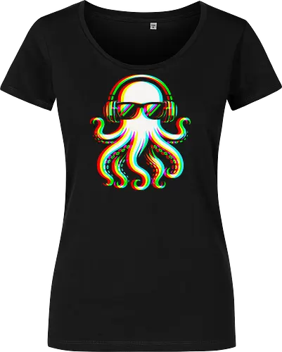 Disco Octopus Musik RGB - Ästhetik, Cool, Cooler Sommer, Disco, Lustig, Lustiges T-Shirt, Illustration, Musik, Oktopus, RGB, RGB-Glitch, RGB-Split, Sommer, Sommerstimmung, lm2kone - Damen T-Shirt