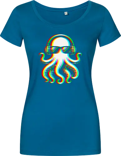 Disco Octopus Musik RGB - Ästhetik, Cool, Cooler Sommer, Disco, Lustig, Lustiges T-Shirt, Illustration, Musik, Oktopus, RGB, RGB-Glitch, RGB-Split, Sommer, Sommerstimmung, lm2kone - Damen T-Shirt