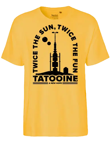 Two Suns for more fun - tatooine, Space Opera, 80s, two suns, mos eisley, sci fi, lightsaber, Villain, luke, tatooine suns - Fairtrade T-Shirt